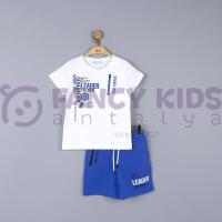 2-14 Yaş Erkek Çocuk İkili Takım Leader Saks Mavi Şortlu Baskılı  Beyaz T-Shirt 