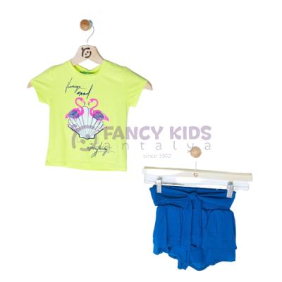 3-8 Yaş Kız Çocuk İkili Takım Neon Yeşil T-Shirt Mavi Şortlu