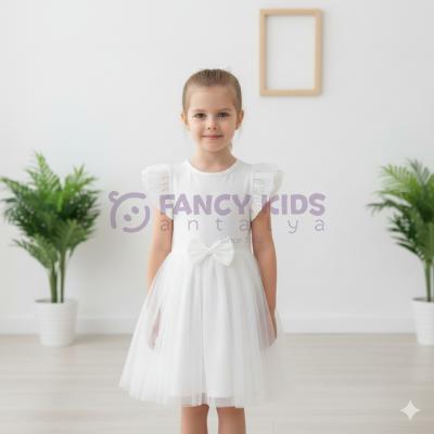 Kız Çocuk Krem Renk Kurdele ve Tül Etek Detaylı Elbise